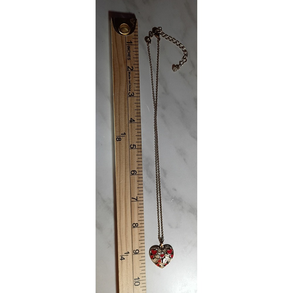 Vintage Red Cream Enamel Heart Pendant Gold Tone Necklace 18 Inch